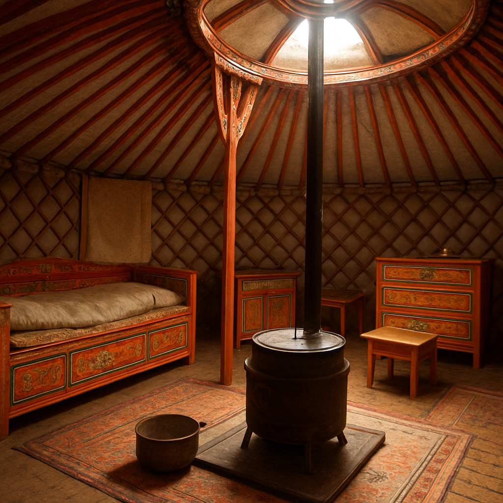 The warm, colourful interior of a traditional Mongolian ger