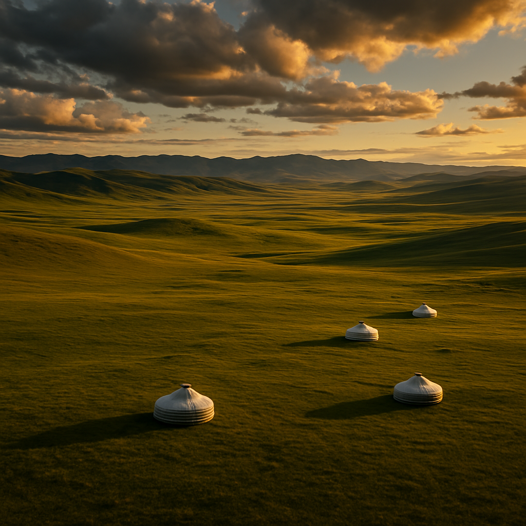 The vast Mongolian steppe at golden hour with traditional ger yurts