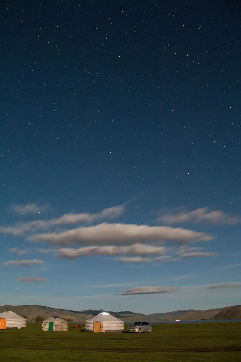 Gers under a star-filled night sky by Terkhiin Tsagaan Lake