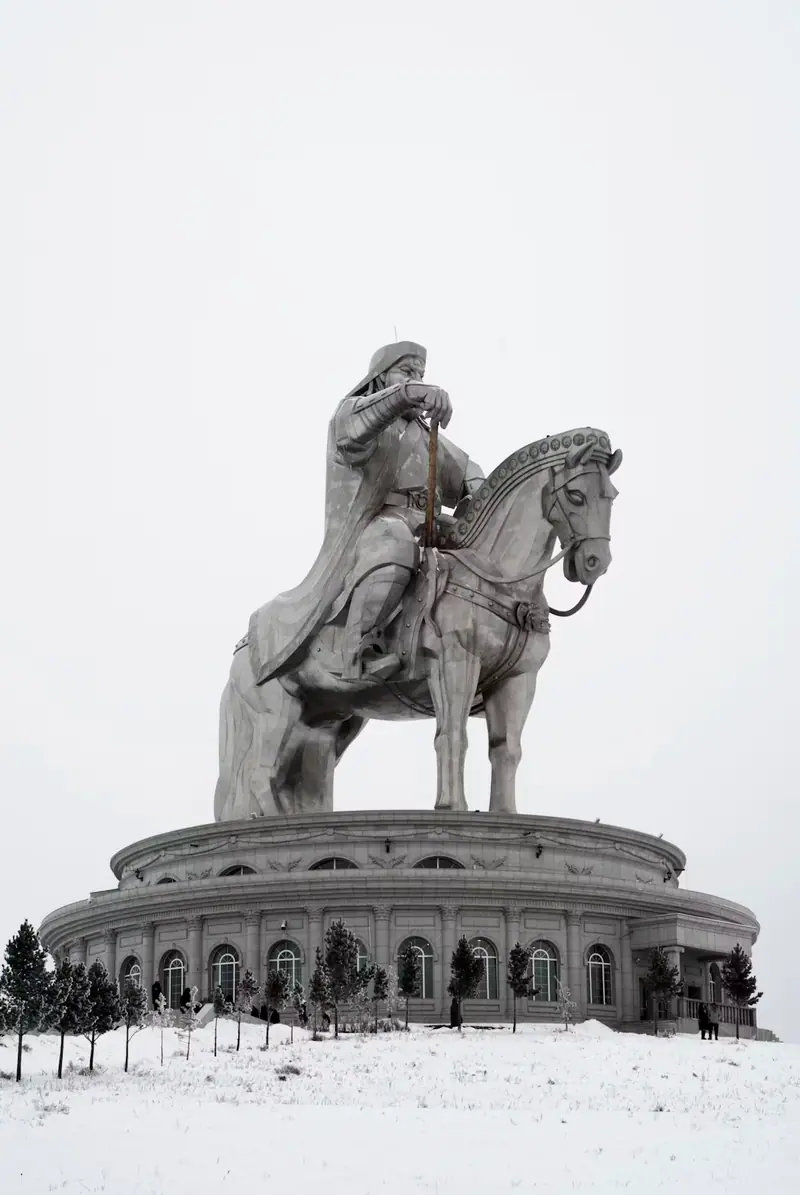 The Chinggis Khaan statue rising above fresh snow