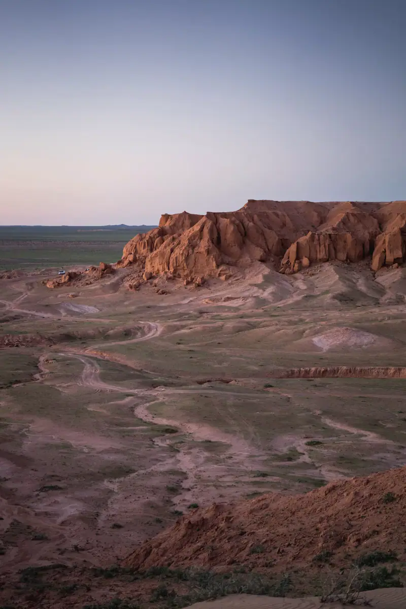 The red Flaming Cliffs of Bayanzag at golden hour