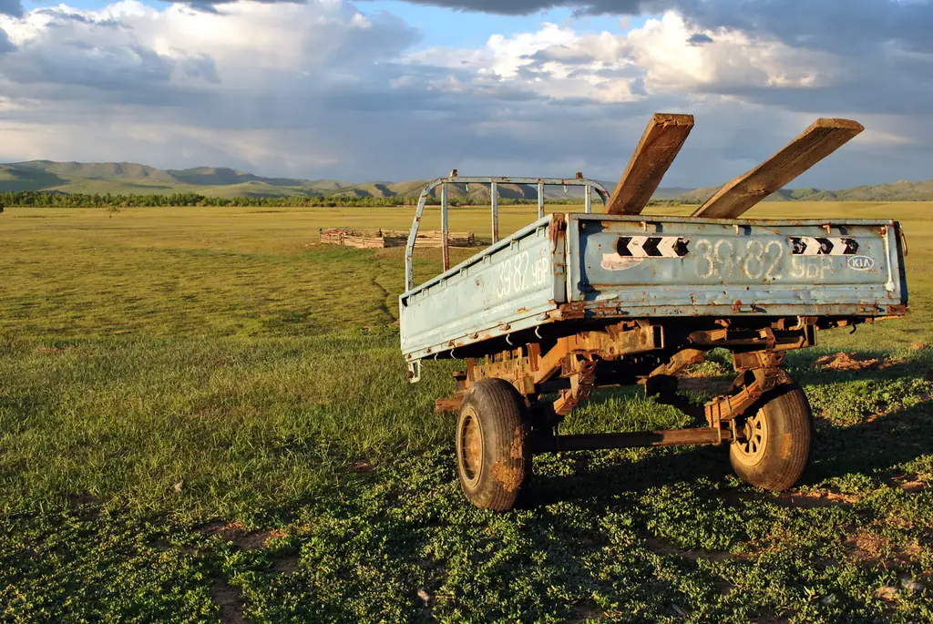 An old wooden cart on the open rangeland of Khentii